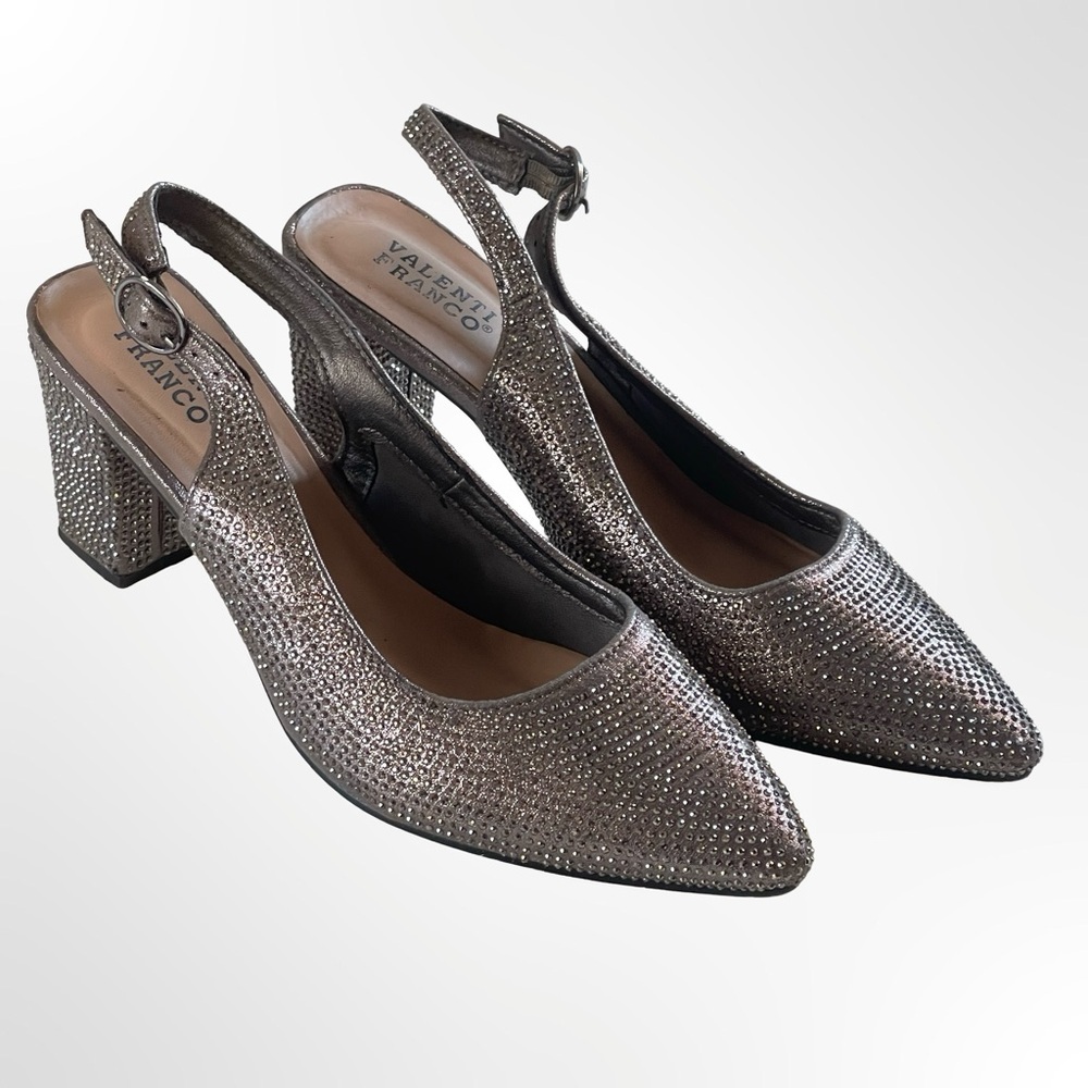 Valenti Franco Silver Rhinestone Slingback Block Heels in 7.5